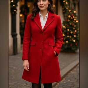 BCBG Max Azria Red Wool Blend Long Coat – Made in Ukraine –‎ Holiday Fall